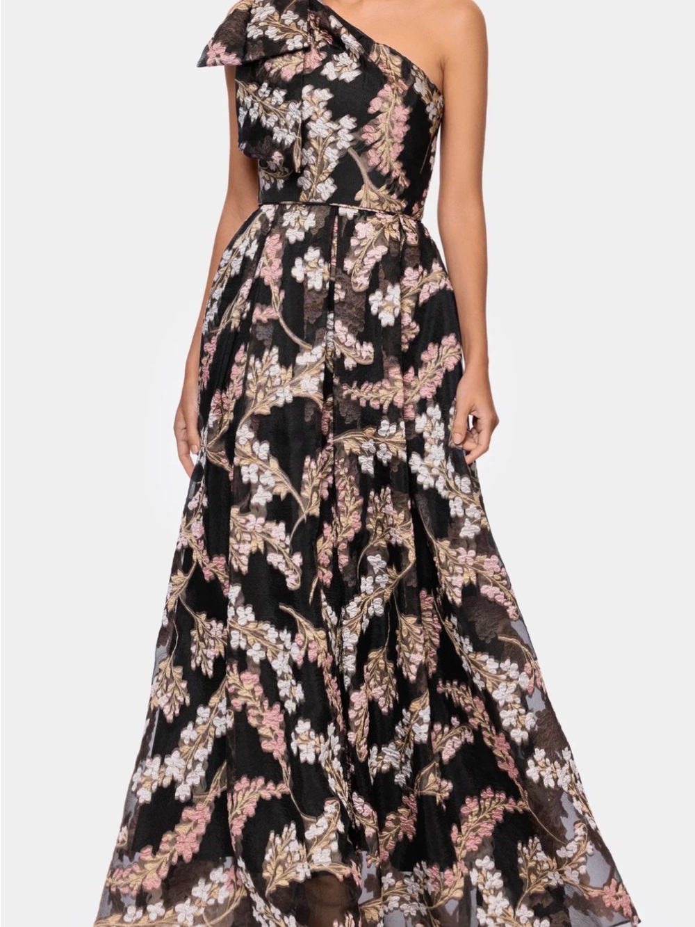Betsy & Adam Black One-Shoulder Floral Gown NWT